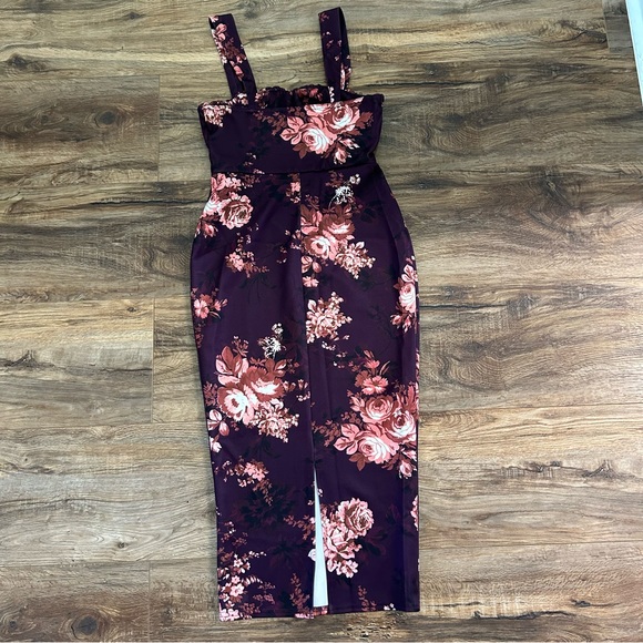 ASOS Floral Corset Pencil Ruched Bust Midi Dress in Burgundy Purple 6 NWOT - Picture 8 of 13